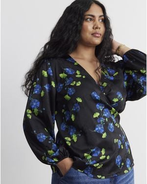 Joanna Hope Floral Satin Wrap Blouse - Blue
