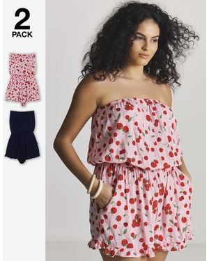 Simply Be 2 Pack Cherry Print Playsuits - Pink