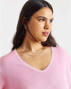 Simply Be Rib V Neck Lace Trim T-Shirt - Pink