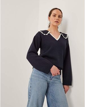 Monsoon Clay Collar V-Neck Jumper - Blue
