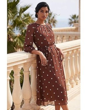 Roman Roman Polka Chiffon Pleated Midi Dress - Brown