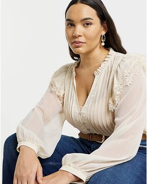 Simply Be Lace Trim Chiffon Tuxedo Detail Blouse - Natural