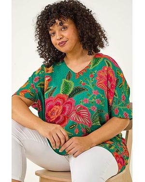 Roman Curve Floral Print V-Neck Top - Green
