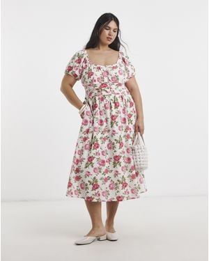 Simply Be Floral Waist Detail Midi Dress - White