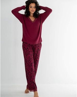 Pour Moi Rib Lace Trim V Neck Lounge Pyjama Set - Red