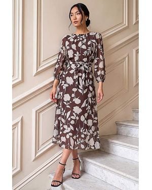 Roman Roman Floral Pleated Midi Dress - Brown