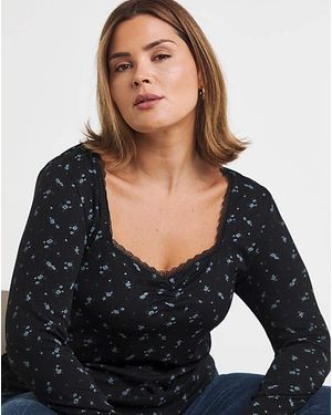 Simply Be Ditsy Floral Square Neck Rib Top - Black