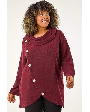 Roman Curve Cowl Neck Button Wrap Top - Red