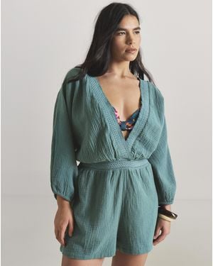 Beach To Beach Long Sleeve Plunge Playsuit - Green