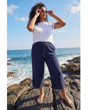 Roman Curve Linen Blend Cropped Trousers - Blue