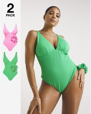 Simply Be 2 Pack Crinkle Swimsuits And Scrunchies - Green