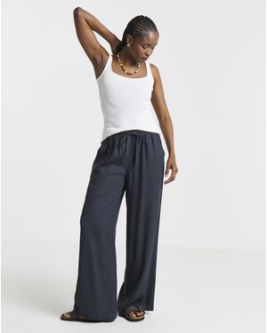 Simply Be Tie Waist Wide Leg Linen Mix Trousers - Blue