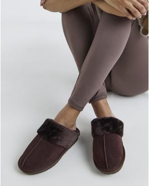 Simply Be Faux Fur Lined Suede Mule Slipper Wide - Brown