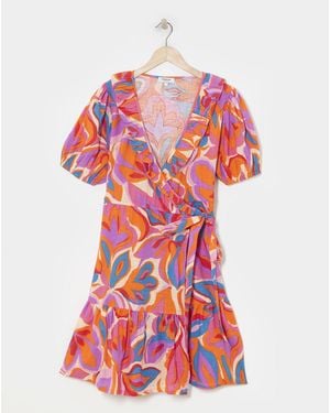Simply Be Floral Mini Wrap Over Cotton Beach Dress - Red