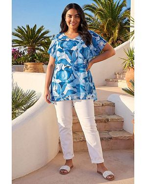 Roman Curve Abstract Print V-Neck Top - Blue