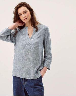 Monsoon Alexis Stripe Linen-Blend Top - Grey
