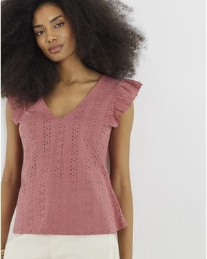 Simply Be V Neck Ruffle Sleeve Broderie Top - Pink