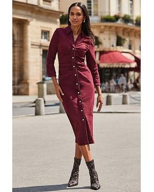 Sosandar 3/4 Sleeve Ruched Waist Dress - Red
