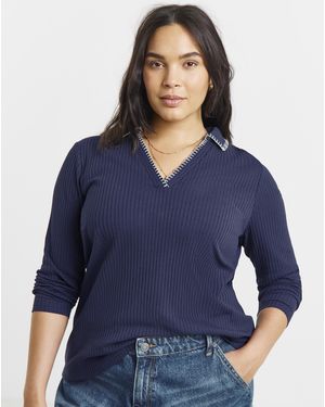 Simply Be Rib Blanket Stitch Polo - Blue