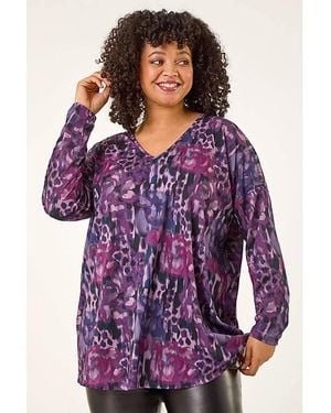 Roman Curve Printed Stretch Tunic Top - Purple