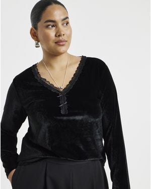 Simply Be Velvet Lace Trim Top - Black