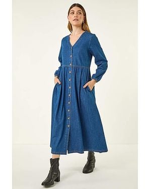Roman Roman Denim Button Down Midi Dress - Blue