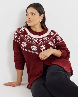 Simply Be Fair Isle Crew Neck Cardigan - Red