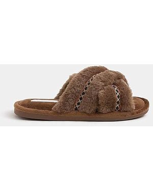 Accessorize Fluffy Braid Slide Slippers - Brown