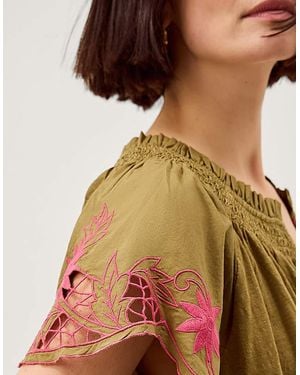 Monsoon Fiona Embroidered Cotton Top - Green