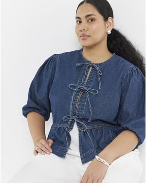 Simply Be Tie Front Peplum Blouse - Blue