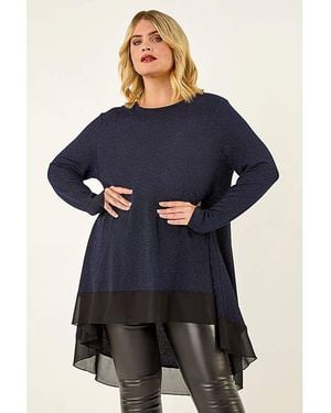 Roman Curve Glitter Chiffon Tunic Top - Blue