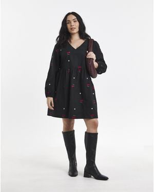 Simply Be Cherry Embroidered Smock Dress - Black