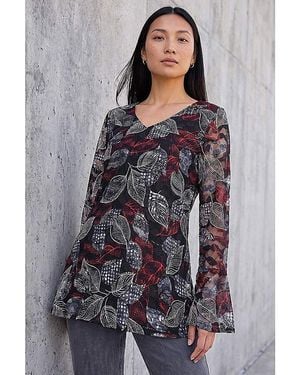Roman Roman Leaf Printed Lace V-Neck Top - Grey