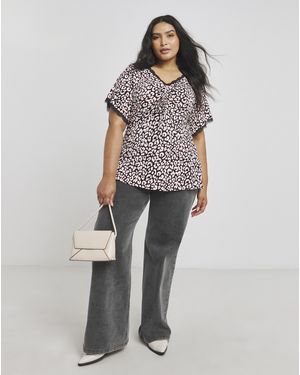 Simply Be Foil Print Wrap Top With Shirred Cuff - Grey