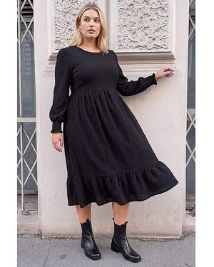 Roman Curve Gathered Stretch Midi Dress - Black