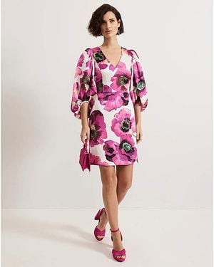 Phase Eight Floral Puff Sleeve Dress - Red