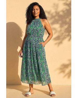 Roman Curve Print Halter Neck Maxi Dress - Blue