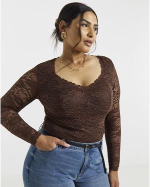 Simply Be Lace Sweetheart Neckline Ls Top - Brown