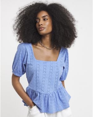 Simply Be Stretch Broderie Square Neck Peplum - Blue