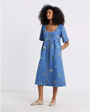 Simply Be Daisy Embroidered Denim Dress - Blue