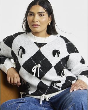 Simply Be Bow Applique Argyle Jumper - Black