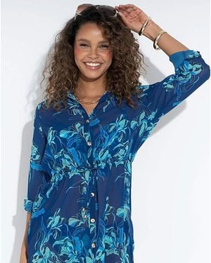 Pour Moi Chiffon Button Through Beach Shirt - Blue