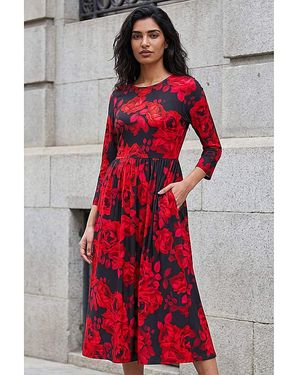 Roman Roman Rose Print Gathered Midi Dress