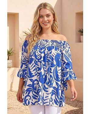 Roman Curve Printed Bardot Top - Blue