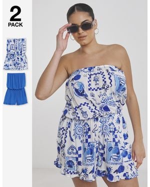 Simply Be 2 Pack Value Beach Playsuits - Blue
