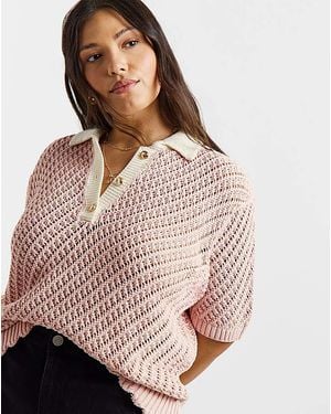 Simply Be Frill Hem Crochet Polo Top - Pink