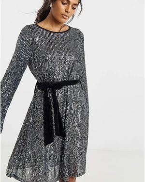 Simply Be Sequin Skater Dress With Belt - Grey