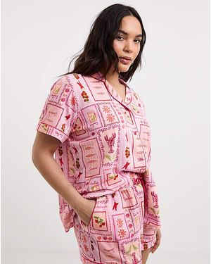 Simply Be Shortie Printed Revere Set - Pink