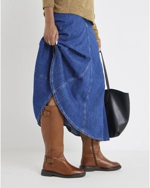 Simply Be Leather Knee High Flat Boot Ex Wide Sc - Blue