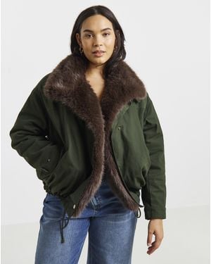 Simply Be Faux Fur Collar Parka Jacket - Green